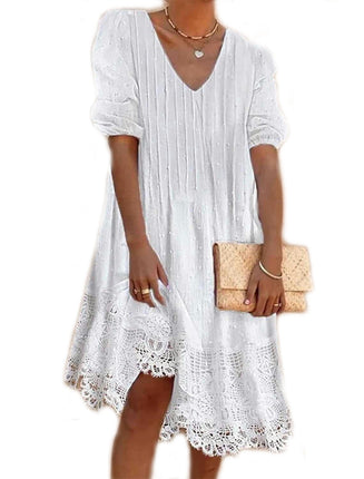 Women Lace V Neck Short Sleeve Flowy A Line Knee Length Dresses