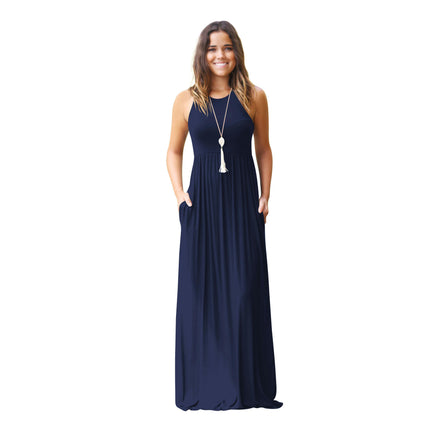 Women's Summer Sleeveless Maxi Dress Loose Plain Casual Long Dress with Pockets