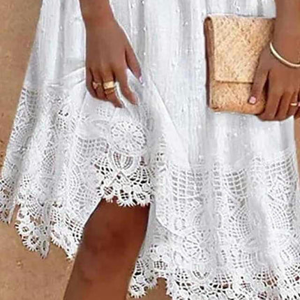 Women Lace V Neck Short Sleeve Flowy A Line Knee Length Dresses