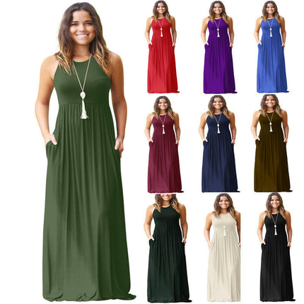 Women's Summer Sleeveless Maxi Dress Loose Plain Casual Long Dress with Pockets