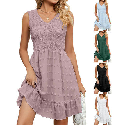 Women's Flowy Mini Swing Dress-Loose Sleeveless V Neck Ruffle Chiffon Short Dress