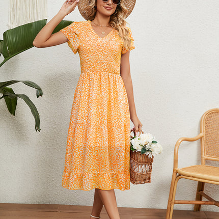 Women's Summer V Neck Cap Sleeve Beach Ruffle Hem Midi Dress