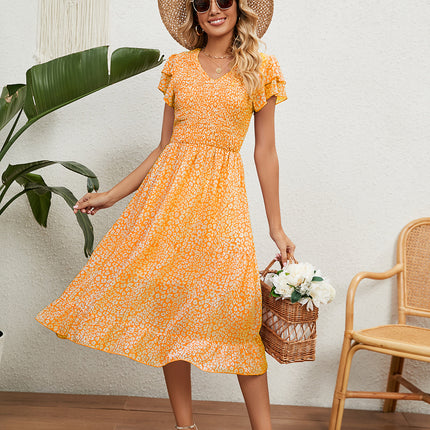 Women's Summer V Neck Cap Sleeve Beach Ruffle Hem Midi Dress