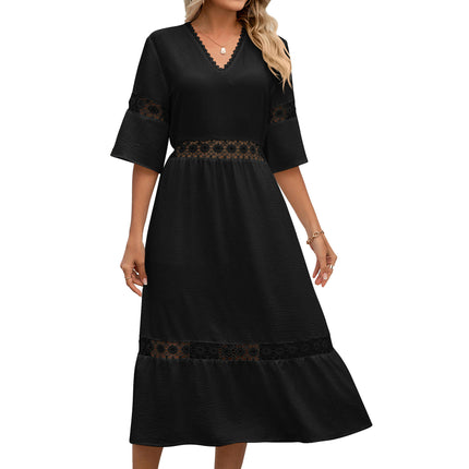 Women's V Neck Short Sleeve Floral Lace Loose Midi Dress