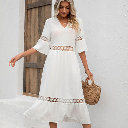 Women's V Neck Short Sleeve Floral Lace Loose Midi Dress