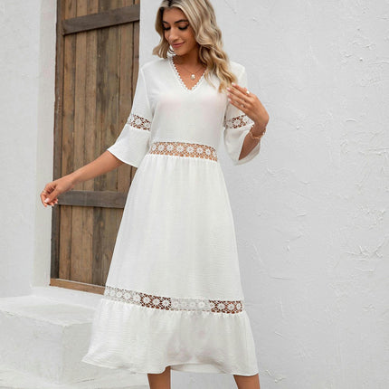 Women's V Neck Short Sleeve Floral Lace Loose Midi Dress