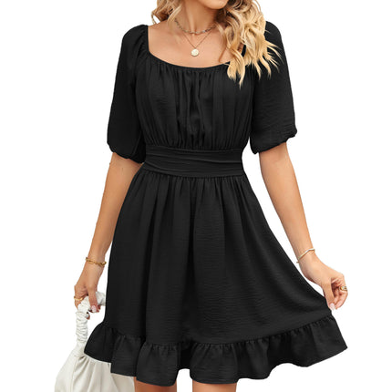 Women's Square Neck Short Sleeve Ruffle Hem Loose Short Dress