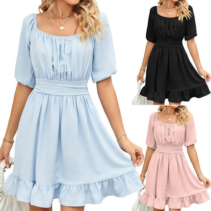 Women's Square Neck Short Sleeve Ruffle Hem Loose Short Dress