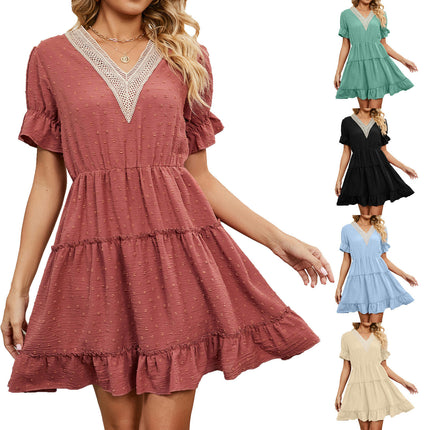 Women's V Neck Short Sleeve Ruffle Hem Short Dress