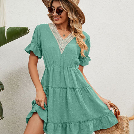 Women's V Neck Short Sleeve Ruffle Hem Short Dress