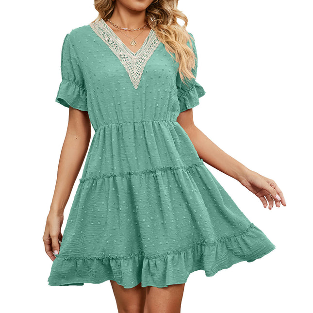 Women's V Neck Short Sleeve Ruffle Hem Short Dress