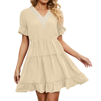 Women's V Neck Short Sleeve Ruffle Hem Short Dress