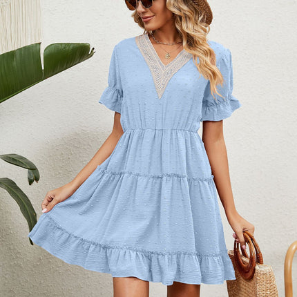 Women's V Neck Short Sleeve Ruffle Hem Short Dress