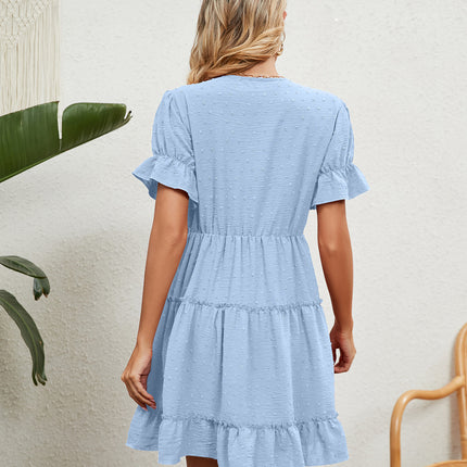 Women's V Neck Short Sleeve Ruffle Hem Short Dress