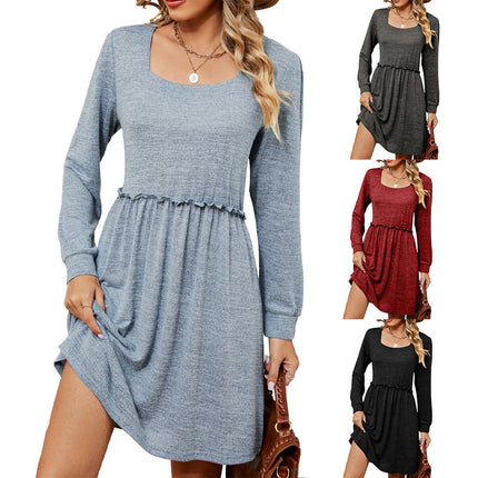 Women's Long Sleeve Dress Square Neck Knee Length Casual Dresses