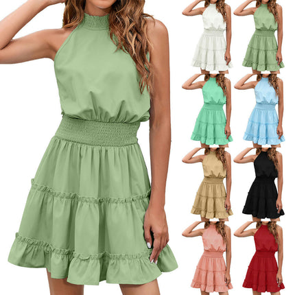 Women's Summer Dress Sleeveless Halter Neck Flowy Ruffle Hem Short Boho Dresses