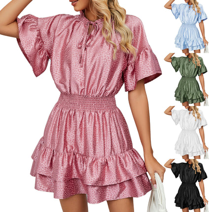 Women's Summer Boho Dress Casual Short Sleeve Tie V Neck Ruffle Mini Dresses