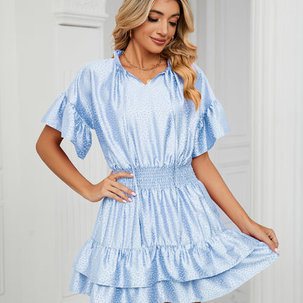 Women's Summer Boho Dress Casual Short Sleeve Tie V Neck Ruffle Mini Dresses