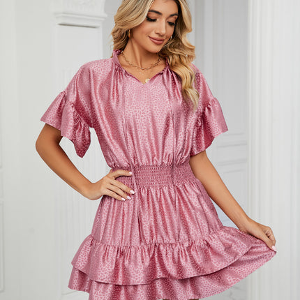 Women's Summer Boho Dress Casual Short Sleeve Tie V Neck Ruffle Mini Dresses