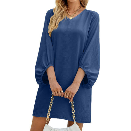 Women's V Neck Dress Puff Sleeve Casual Loose Swing A Line Dresses