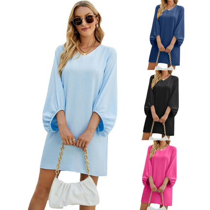 Women's V Neck Dress Puff Sleeve Casual Loose Swing A Line Dresses