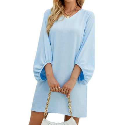 Women's V Neck Dress Puff Sleeve Casual Loose Swing A Line Dresses