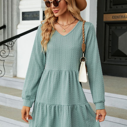 Women V Neck Dress Summer Long Sleeve Flowy Tiered Dresses