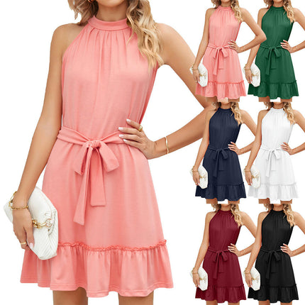 Women's Ruffle Sleeveless A Line Dress Halter Tie Waist Short Dresses