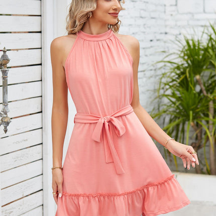 Women's Ruffle Sleeveless A Line Dress Halter Tie Waist Short Dresses