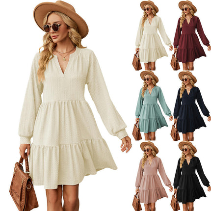 Women V Neck Dress Summer Long Sleeve Flowy Tiered A Line Dresses