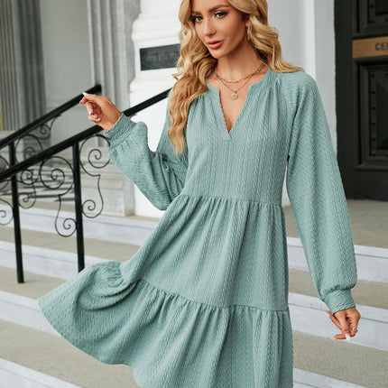 Women V Neck Dress Summer Long Sleeve Flowy Tiered A Line Dresses