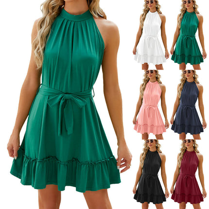 Women's Sleeveless Halter Summer Ruffle Hem Flowy Dresses