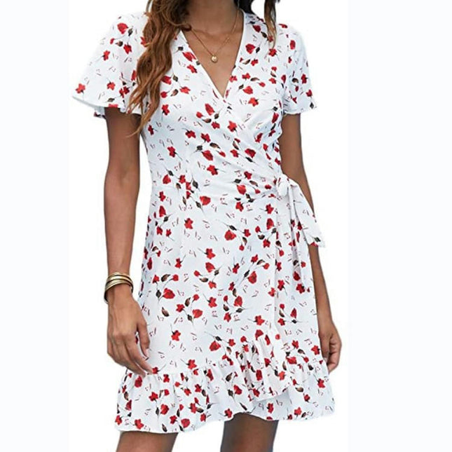 Women's Summer Wrap V Neck Ruffle Short Sleeve Mini Dress