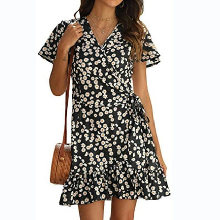 Women's Summer Wrap V Neck Ruffle Short Sleeve Mini Dress