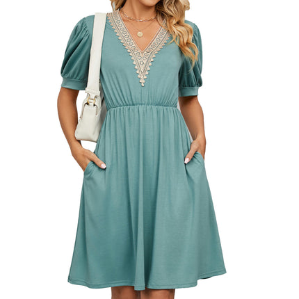 Women's Casual Summer Dresses Trimmed Short Sleeve V Neck Flowy Dress