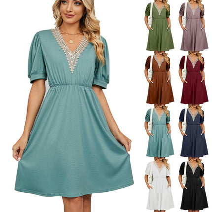 Women's Casual Summer Dresses Trimmed Short Sleeve V Neck Flowy Dress