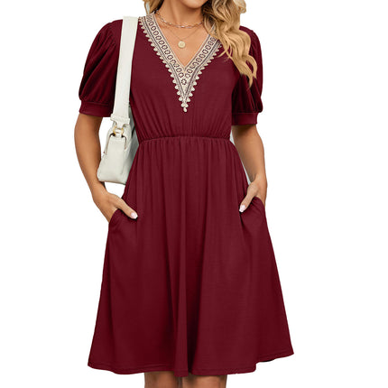 Women's Casual Summer Dresses Trimmed Short Sleeve V Neck Flowy Dress