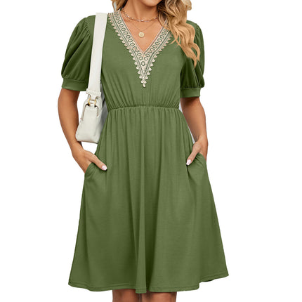 Women's Casual Summer Dresses Trimmed Short Sleeve V Neck Flowy Dress