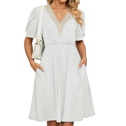 Women's Casual Summer Dresses Trimmed Short Sleeve V Neck Flowy Dress