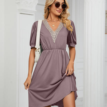 Women's Casual Summer Dresses Trimmed Short Sleeve V Neck Flowy Dress