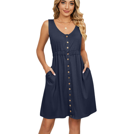 Women Summer Dresses Sleeveless Casual Swing Button Down Midi Dress with Pockets