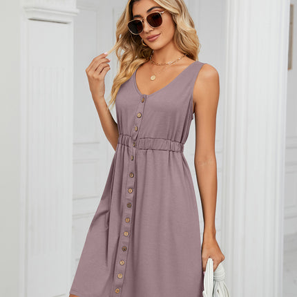 Women Summer Dresses Sleeveless Casual Swing Button Down Midi Dress with Pockets