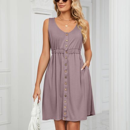 Women Summer Dresses Sleeveless Casual Swing Button Down Midi Dress with Pockets