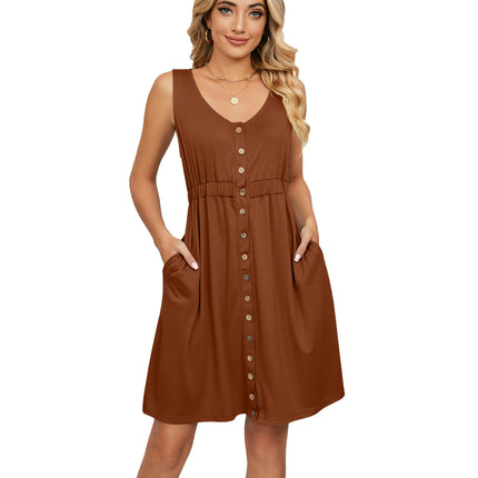 Women Summer Dresses Sleeveless Casual Swing Button Down Midi Dress with Pockets