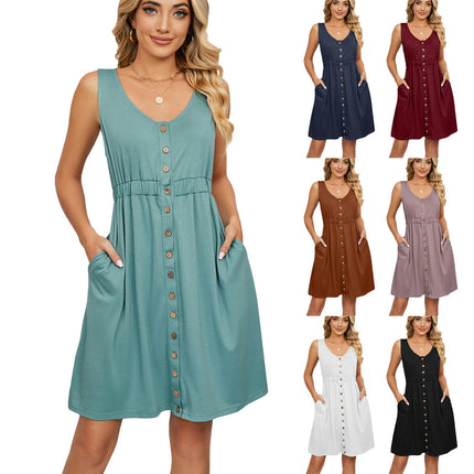 Women Summer Dresses Sleeveless Casual Swing Button Down Midi Dress with Pockets