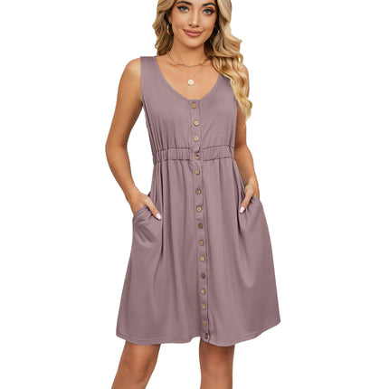 Women Summer Dresses Sleeveless Casual Swing Button Down Midi Dress with Pockets