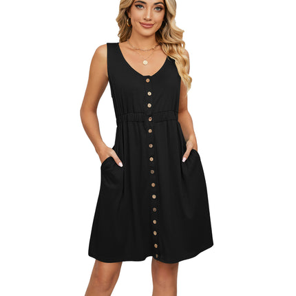 Women Summer Dresses Sleeveless Casual Swing Button Down Midi Dress with Pockets