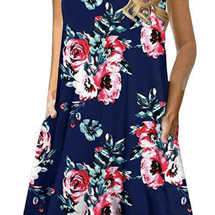 Women's Summer Sleeveless Casual Floral Print Midi Dress with Pocket