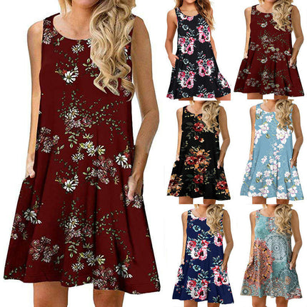 Women's Summer Sleeveless Casual Floral Print Midi Dress with Pocket