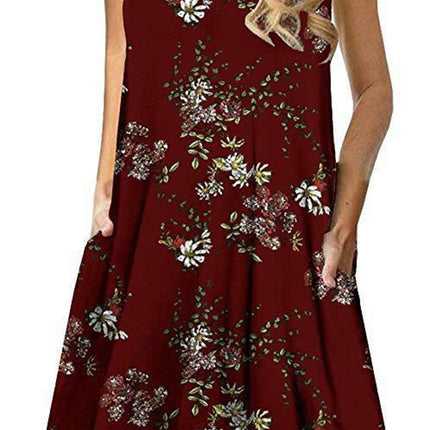 Women's Summer Sleeveless Casual Floral Print Midi Dress with Pocket